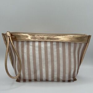 Victoria's Secret Striped Clear Cosmetic Bag Metallic Rose Gold Travel Pouch NWT